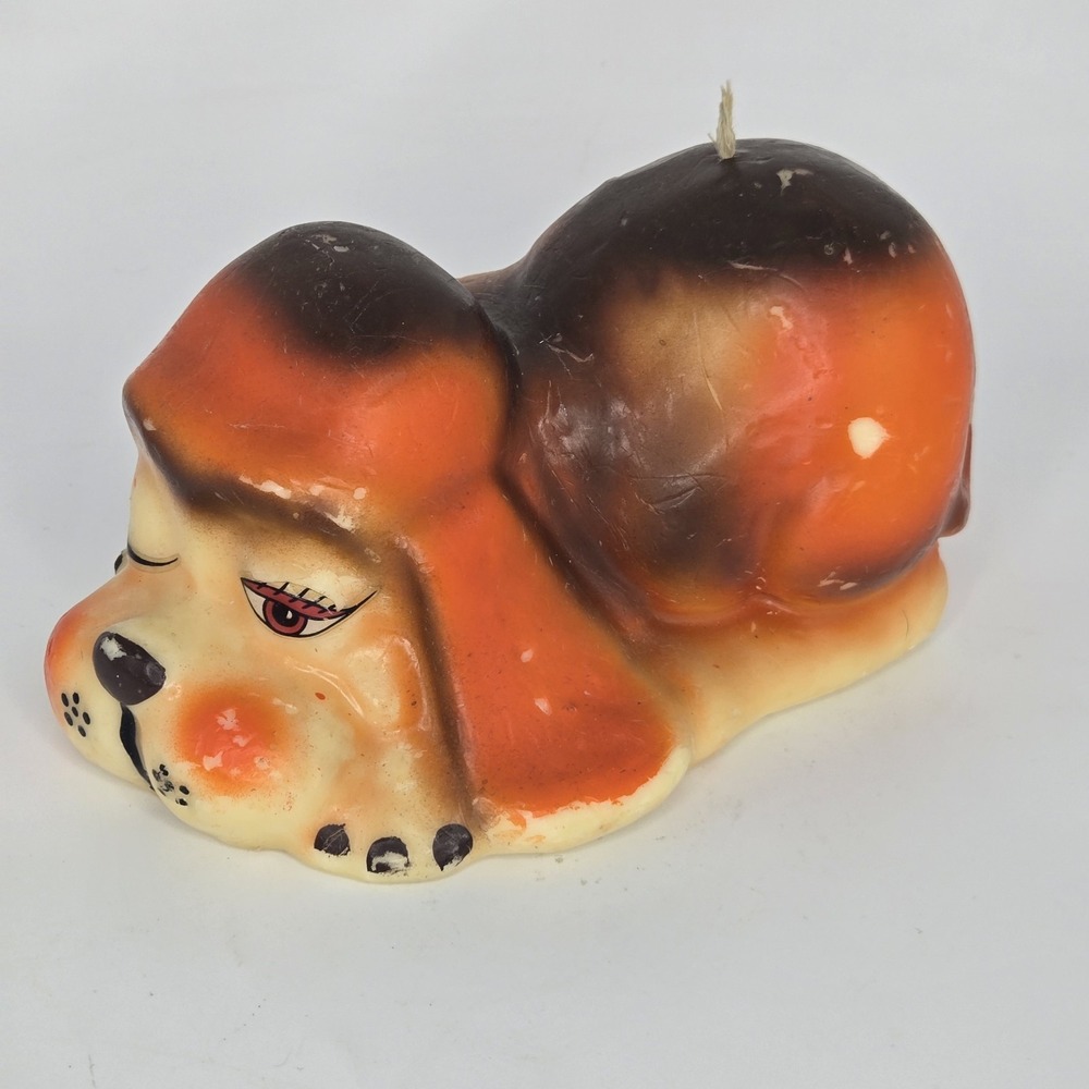 Vintage 70s Basset Hound Dog Shaped Candle Large Sleepy Eyes MCM Novelty Kitsch